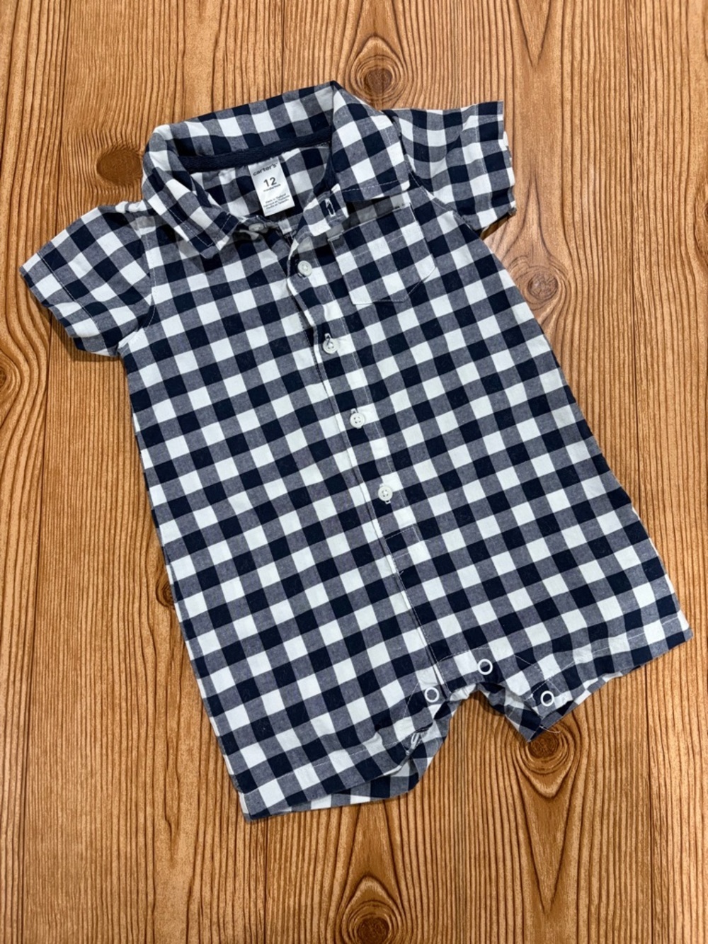 7/$20 Carter’s Cotton Button-Front Gingham Baby Romper in Navy and White